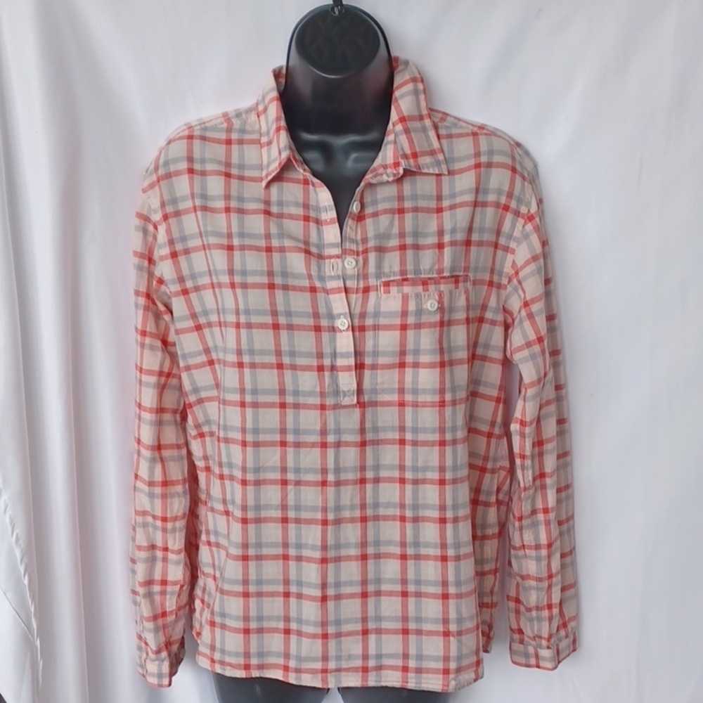 North Face plaid button up Tunic, Cream, Gray, Red, Pink, Sz S, 19" PTP, 27" L